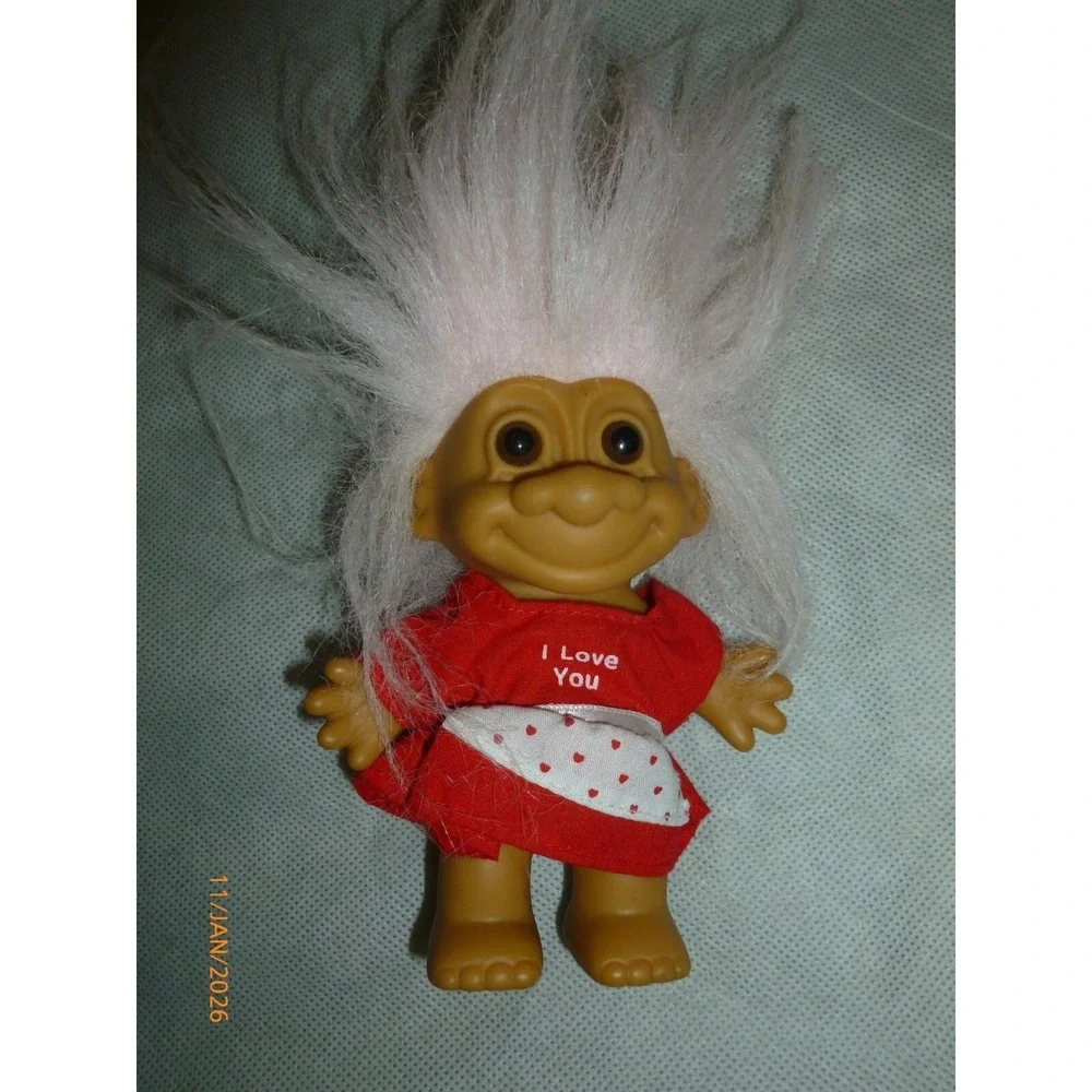 Vintage Russ Berrie Troll Doll White Hair I Love You Red Dress Heart Apron 5